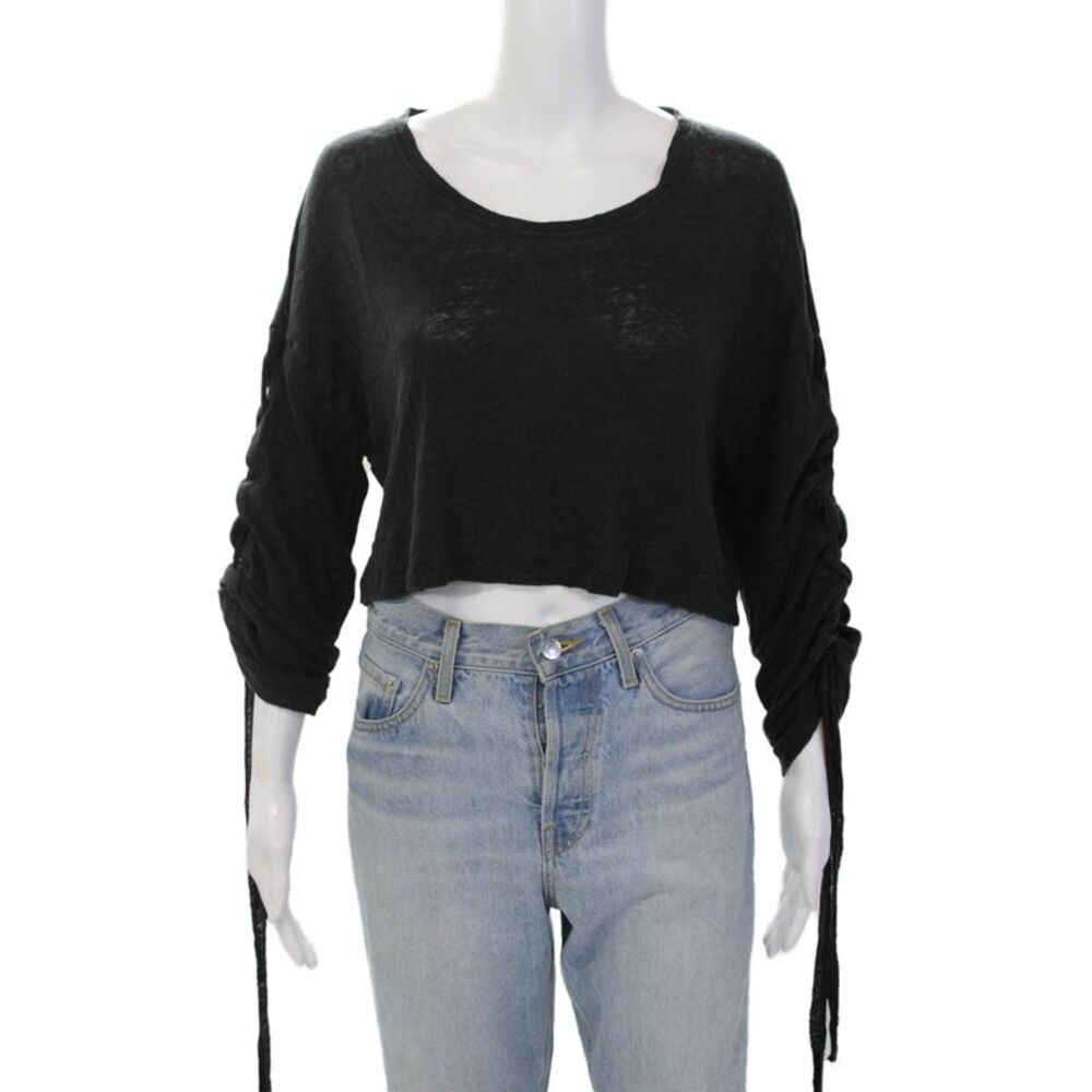 IRO Jeans Womens Linen Long Tie Up Sleeves Crop Top Shirt Black Size XS